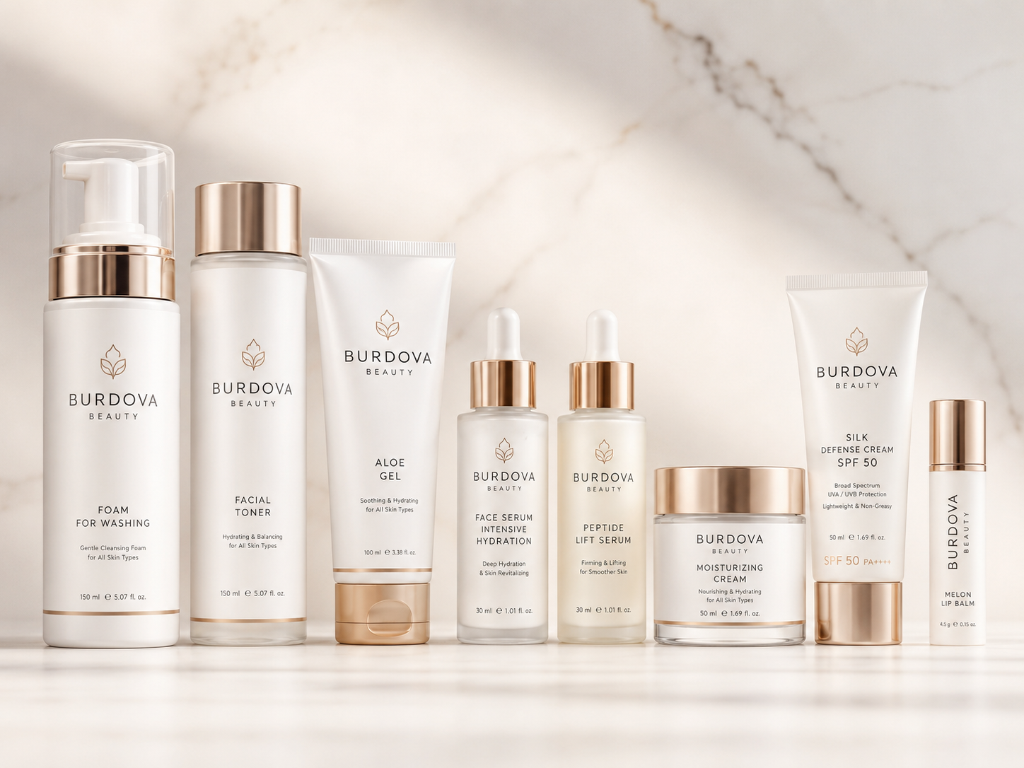 Засоби BURDOVA BEAUTY у мінімалістичній композиції